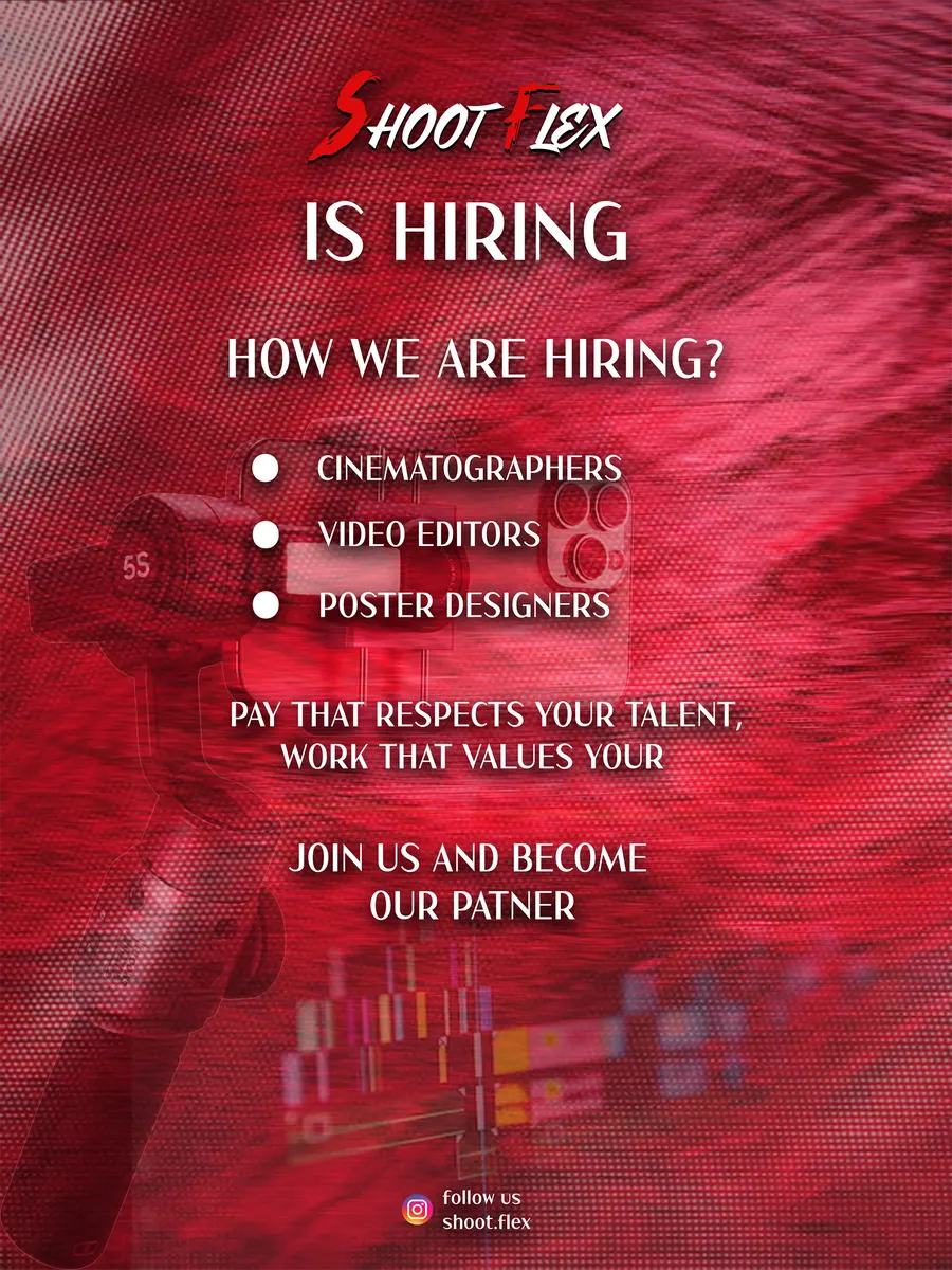 ShootFlex hiring poster preview layered above the poster stack